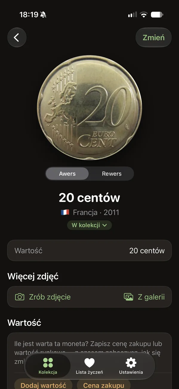 Karta monety w Coinarium: moneta 20 centów euro z awersem i rewersem, krajem, rokiem i statusem