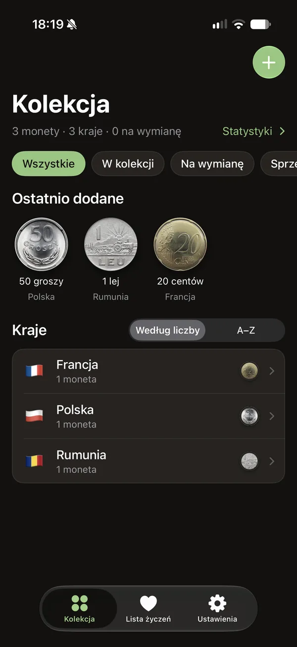 Ekran kolekcji z ostatnio dodanymi monetami i listą krajów