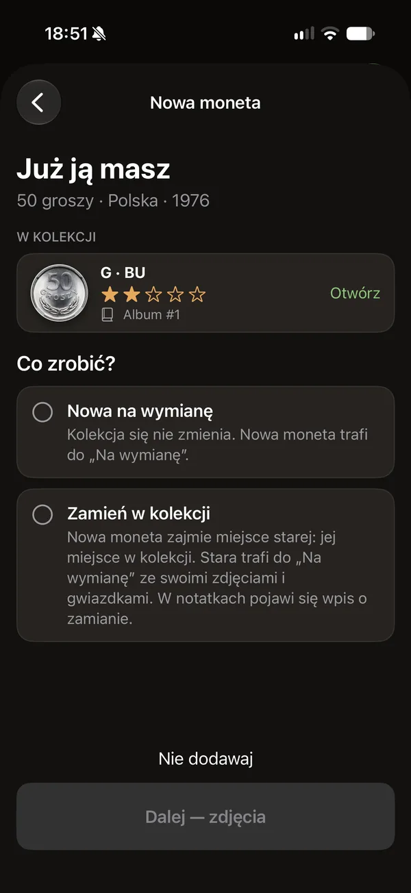 Ekran „Już ją masz” z pasującą monetą i opcjami dodania na wymianę lub zamiany