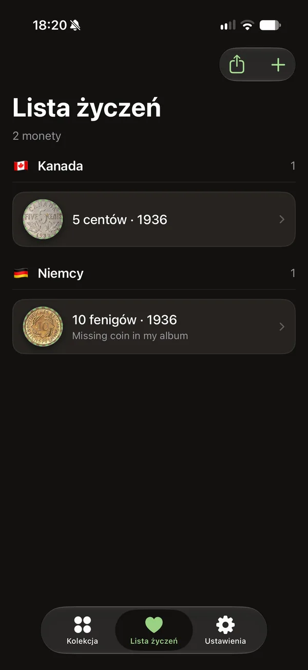 Lista życzeń z monetami pogrupowanymi według krajów
